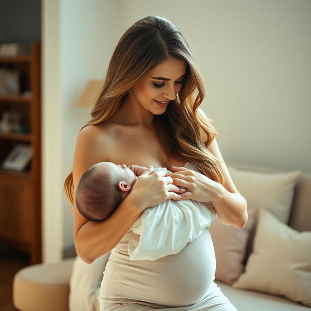 A stunning 30-year-old woman with long flowing hair, dressed in a stylish, fitted dress that beautifully accentuates her figure, tenderly breastfeeding a baby