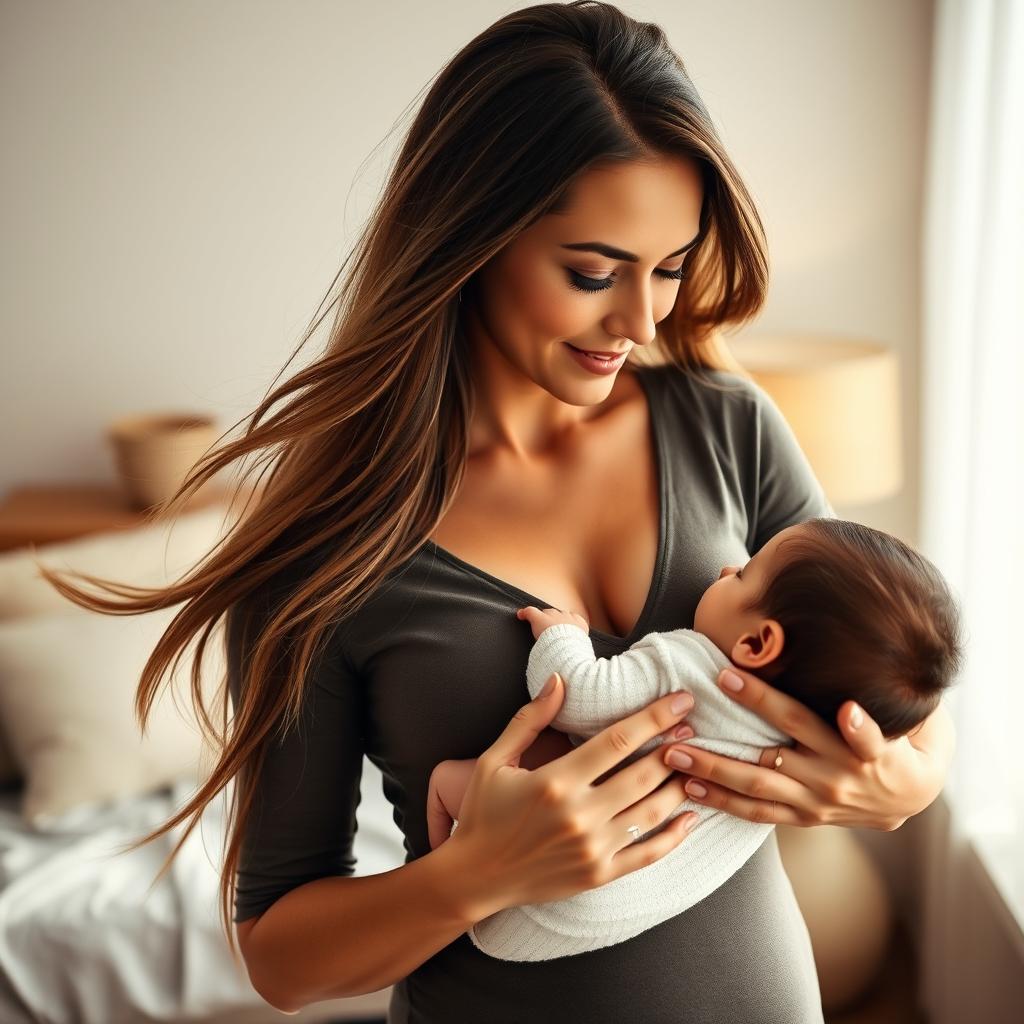 A stunning 30-year-old woman with long flowing hair, dressed in a stylish, fitted dress that beautifully accentuates her figure, tenderly breastfeeding a baby