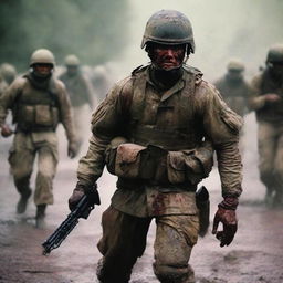 Generate an image of a soldier in the thick of combat, his uniform and skin streaked with sweat, blood, mud, and dirt, capturing the harsh realities of war on a chaotic battlefield