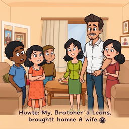 A cartoon-style illustration of a scene from "How My Brother Leon Brought Home A Wife" where the male protagonist is introducing his wife to his family at home