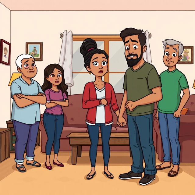 A cartoon-style illustration of a scene from "How My Brother Leon Brought Home A Wife" where the male protagonist is introducing his wife to his family at home