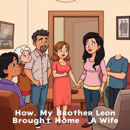 A cartoon-style illustration of a scene from "How My Brother Leon Brought Home A Wife" where the male protagonist is introducing his wife to his family at home