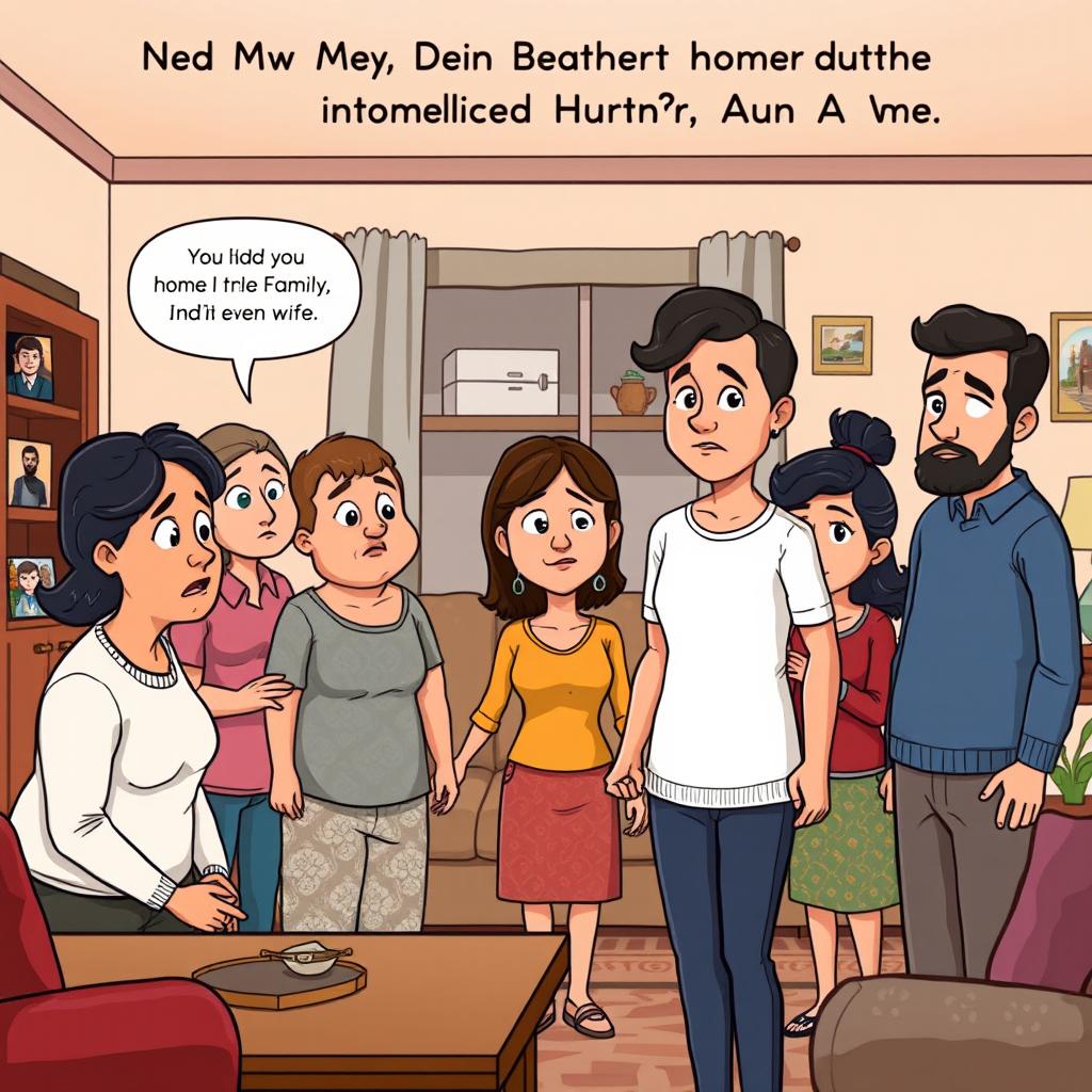 A cartoon-style illustration of a scene from "How My Brother Leon Brought Home A Wife" where the male protagonist is introducing his wife to his family at home