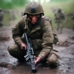 Generate an image of a soldier in the thick of combat, his uniform and skin streaked with sweat, blood, mud, and dirt, capturing the harsh realities of war on a chaotic battlefield