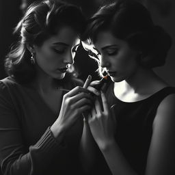 A captivating black and white image of a couple of women in a Nouvelle vague style