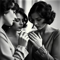 A captivating black and white image of a couple of women in a Nouvelle vague style