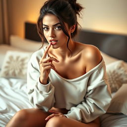 A stunning, sexy 23-year-old brunette woman wearing a crop top sweatshirt that is slid off one shoulder