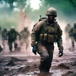 Create a vivid image of a soldier in the thick of combat, his uniform and skin streaked with sweat, blood, mud, and dirt, capturing the harsh realities of war on a chaotic battlefield