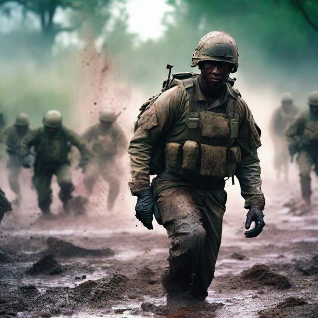 Create a vivid image of a soldier in the thick of combat, his uniform and skin streaked with sweat, blood, mud, and dirt, capturing the harsh realities of war on a chaotic battlefield