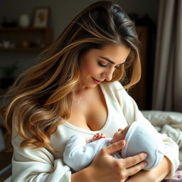 A stunning 30-year-old woman with long flowing hair, tenderly breastfeeding a baby