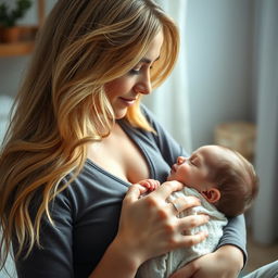 A stunning 30-year-old woman with long flowing hair, tenderly breastfeeding a baby