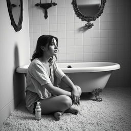 Una mujer llorando sentada en el frío suelo del baño, con lágrimas corriendo por su rostro mientras observa desolada el suelo