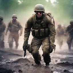 Create a vivid image of a soldier in the thick of combat, his uniform and skin streaked with sweat, blood, mud, and dirt, capturing the harsh realities of war on a chaotic battlefield