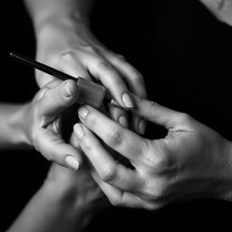 A close-up black and white image focusing solely on the hands of a couple of women in a Nouvelle vague style