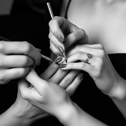 A close-up black and white image focusing solely on the hands of a couple of women in a Nouvelle vague style