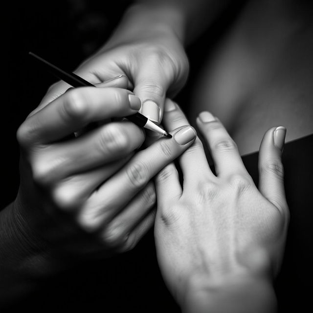 A close-up black and white image focusing solely on the hands of a couple of women in a Nouvelle vague style