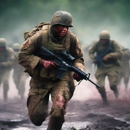 Create a vivid image of a soldier in the thick of combat, his uniform and skin streaked with sweat, blood, mud, and dirt, capturing the harsh realities of war on a chaotic battlefield