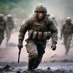 Create a vivid image of a soldier in the thick of combat, his uniform and skin streaked with sweat, blood, mud, and dirt, capturing the harsh realities of war on a chaotic battlefield