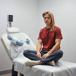 An 18-year-old male sitting cross-legged on a gynecological examination chair, covered with a cloth