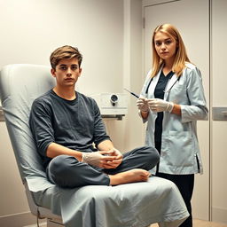 An 18-year-old male sitting cross-legged on a gynecological examination chair, covered with a cloth