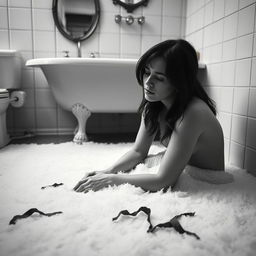 Una mujer llorando sentada en el frío suelo de un baño, con lágrimas bajando por su rostro mientras observa desolada el suelo
