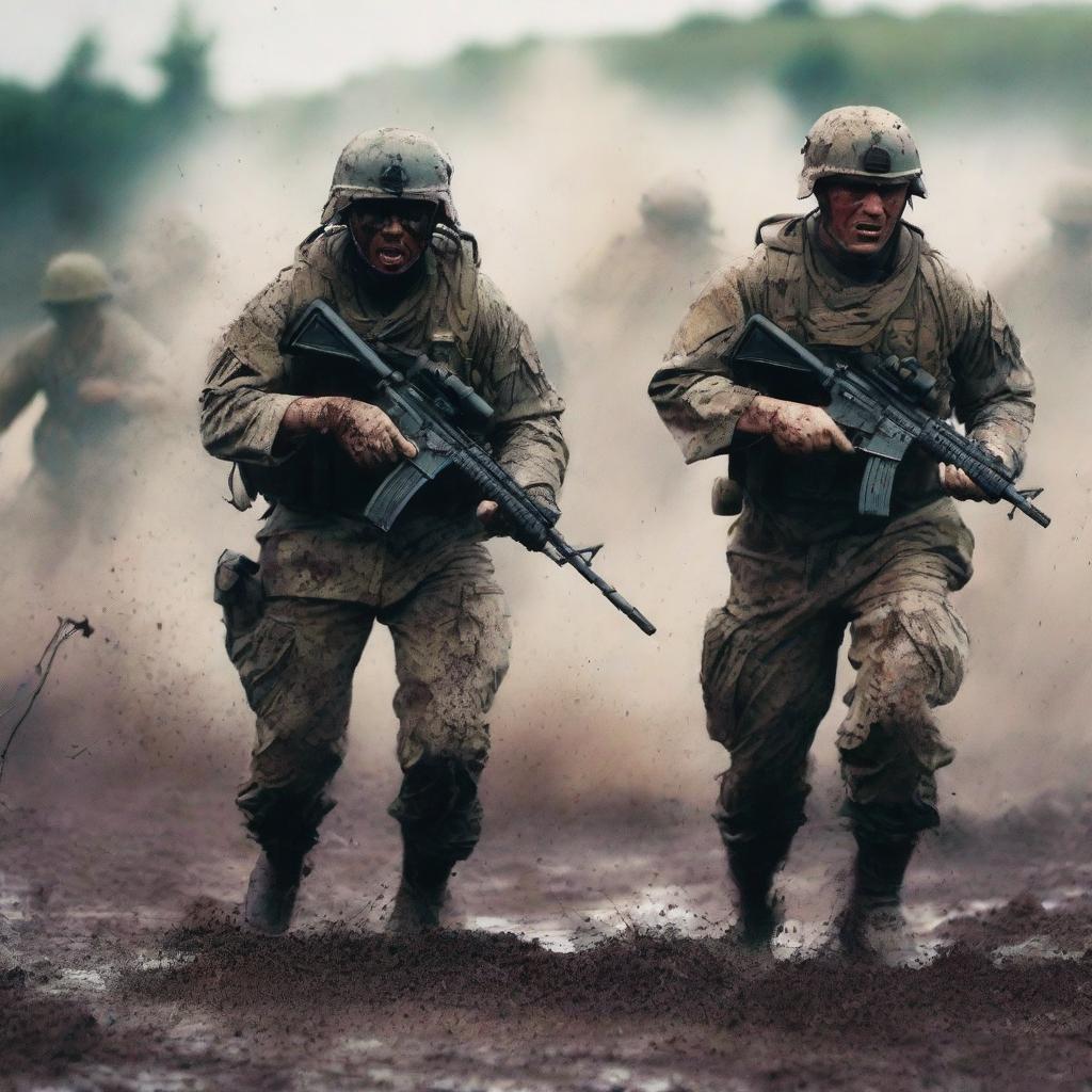 Generate an image of three soldiers in intense combat, surrounded by enemies, their uniforms and skin streaked with sweat, blood, mud, and dirt, capturing the harsh realities of war on a chaotic battlefield