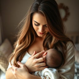 A stunning 30-year-old woman with long flowing hair, standing in full height while tenderly breastfeeding a baby