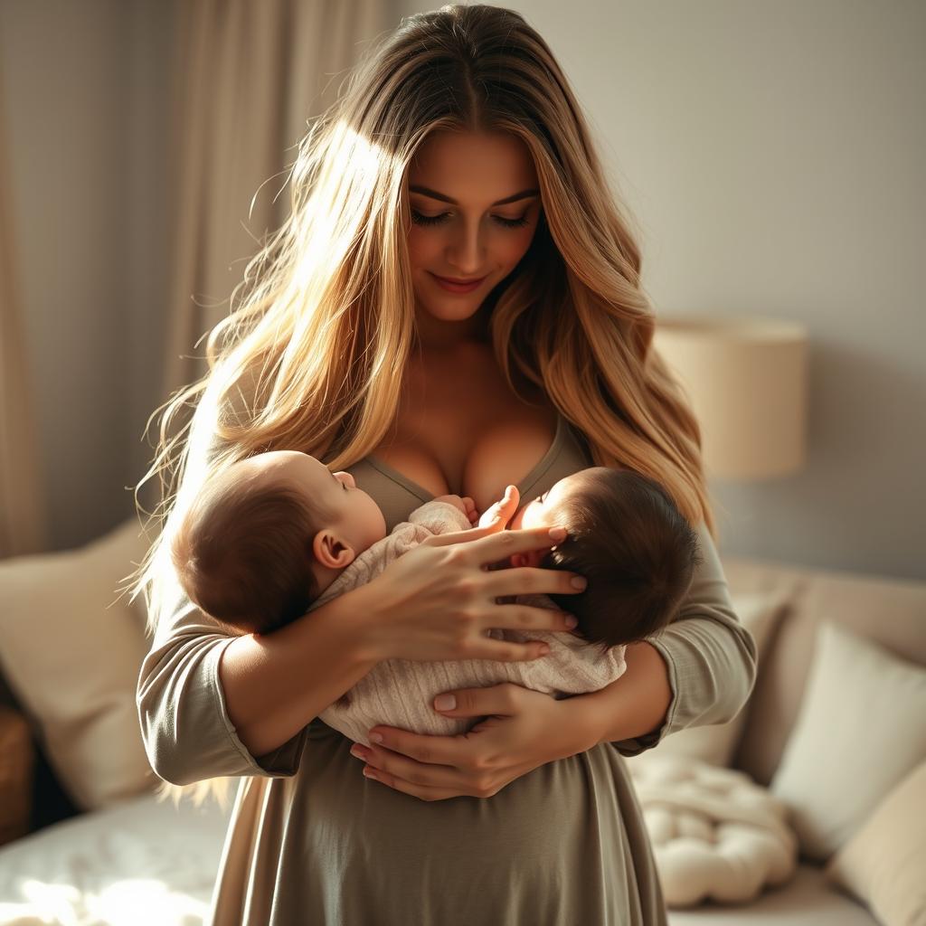 A stunning 30-year-old woman with long flowing hair, standing in full height while tenderly breastfeeding a baby