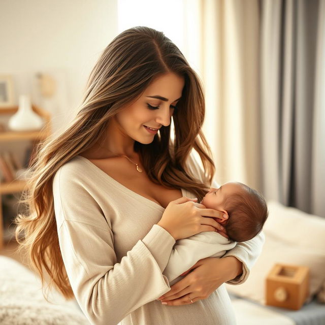 A stunning 30-year-old woman with long flowing hair, standing in full height while tenderly breastfeeding a baby