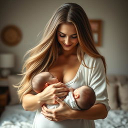 A stunning 30-year-old woman with long flowing hair, standing in full height while tenderly breastfeeding a baby