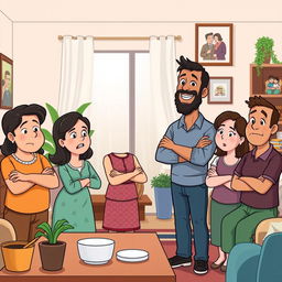 A cartoon-style illustration of a scene from "How My Brother Leon Brought Home A Wife" featuring the male protagonist as he introduces his wife to his family at their home