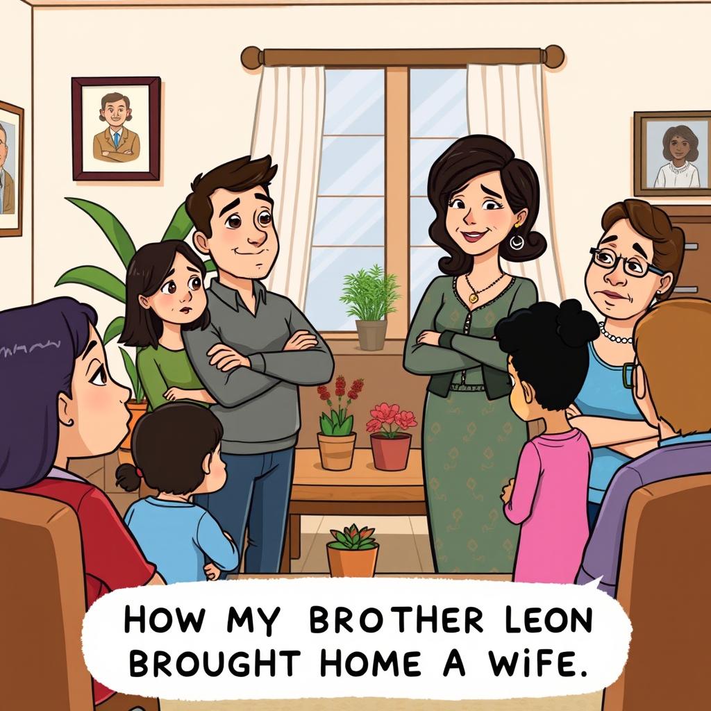 A cartoon-style illustration of a scene from "How My Brother Leon Brought Home A Wife" featuring the male protagonist as he introduces his wife to his family at their home