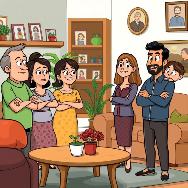 A cartoon-style illustration of a scene from "How My Brother Leon Brought Home A Wife" featuring the male protagonist as he introduces his wife to his family at their home