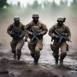 Generate an image of three soldiers in intense combat, surrounded by enemies, their uniforms and skin streaked with sweat, blood, mud, and dirt, capturing the harsh realities of war on a chaotic battlefield