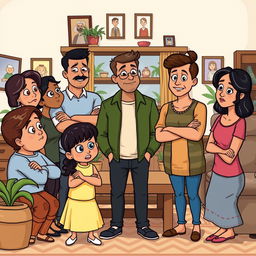 A cartoon-style illustration of a scene from "How My Brother Leon Brought Home A Wife" featuring the male protagonist as he introduces his wife to his family at their home
