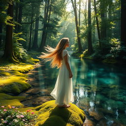 A serene and enchanting forest scene featuring a tranquil river meandering through lush greenery