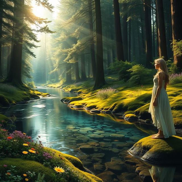 A serene and enchanting forest scene featuring a tranquil river meandering through lush greenery