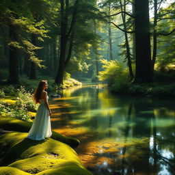 A serene and enchanting forest scene featuring a tranquil river meandering through lush greenery
