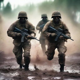 Generate an image of three soldiers in intense combat, surrounded by enemies, their uniforms and skin streaked with sweat, blood, mud, and dirt, capturing the harsh realities of war on a chaotic battlefield