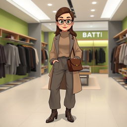 A beautiful, large cartoon model wearing loose basic pants, a long coat, a high-neck blouse, a stylish handbag, and winter leather boots