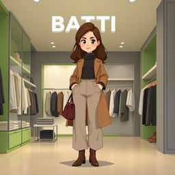 A beautiful, large cartoon model wearing loose basic pants, a long coat, a high-neck blouse, a stylish handbag, and winter leather boots