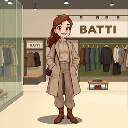 A beautiful, large cartoon model wearing loose basic pants, a long coat, a high-neck blouse, a stylish handbag, and winter leather boots