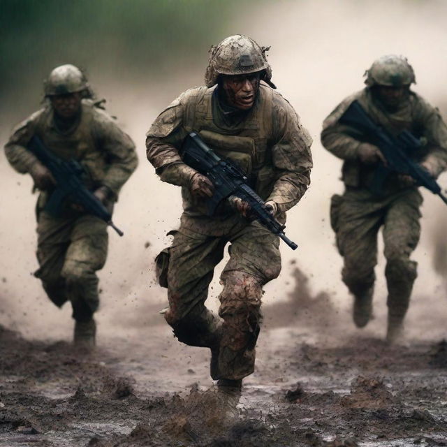 Generate an image of three soldiers in intense combat, surrounded by enemies, their uniforms and skin streaked with sweat, blood, mud, and dirt, capturing the harsh realities of war on a chaotic battlefield