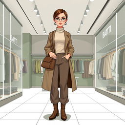 A beautiful, large cartoon model wearing loose basic pants, a long coat, a high-neck blouse, a stylish handbag, and winter leather boots