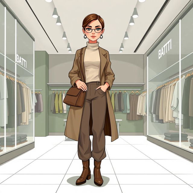 A beautiful, large cartoon model wearing loose basic pants, a long coat, a high-neck blouse, a stylish handbag, and winter leather boots