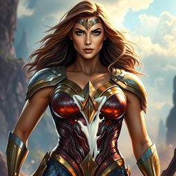A powerful depiction of Wonder Woman, standing tall and proud, with her iconic armor glimmering in the light