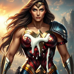 A powerful depiction of Wonder Woman, standing tall and proud, with her iconic armor glimmering in the light