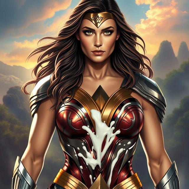 A powerful depiction of Wonder Woman, standing tall and proud, with her iconic armor glimmering in the light