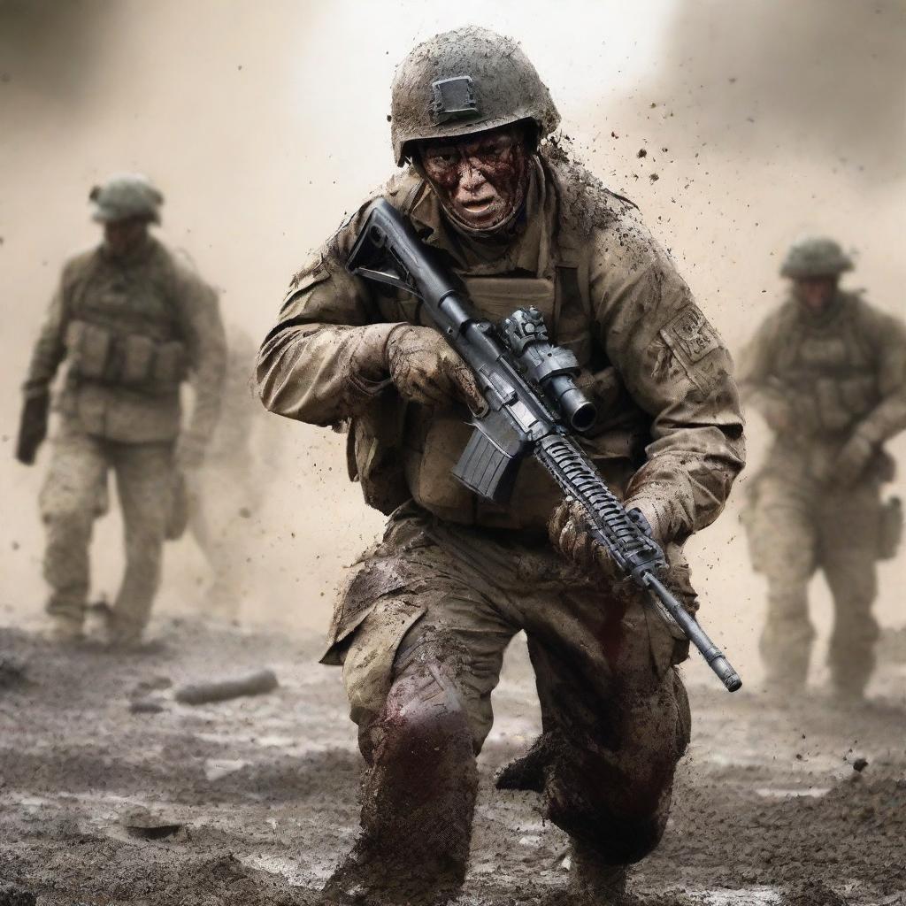 Create an intense image of a soldier in combat against the enemy, his uniform and skin streaked with sweat, blood, mud, and dirt, capturing the harsh realities of war on a chaotic battlefield