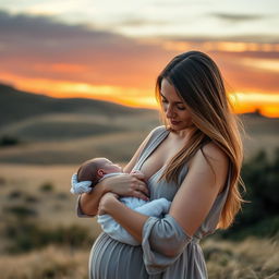 A stunning 30-year-old woman with long flowing hair, gently breastfeeding a baby in a serene, distant landscape